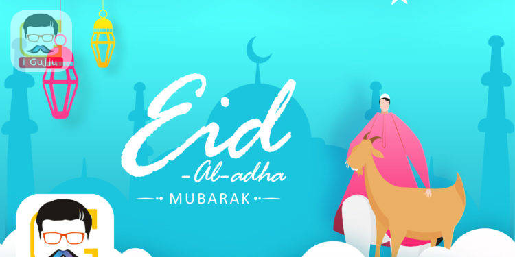 Eid-Al-Adha Mubarak festival celebration poster or banner design with cartoon character of islamic man and goat in front of mosque silhouette.