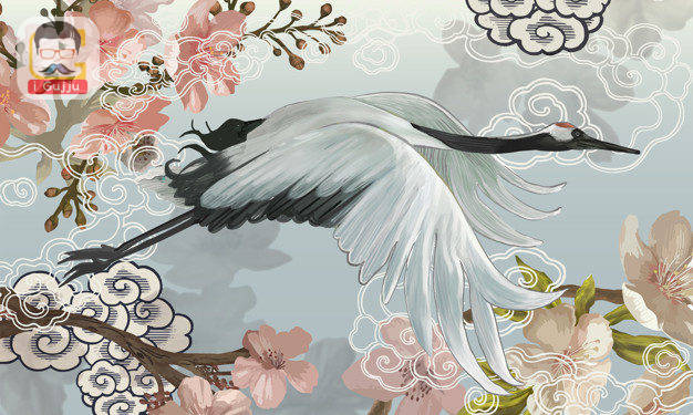 Flying elegant white Japanese crane